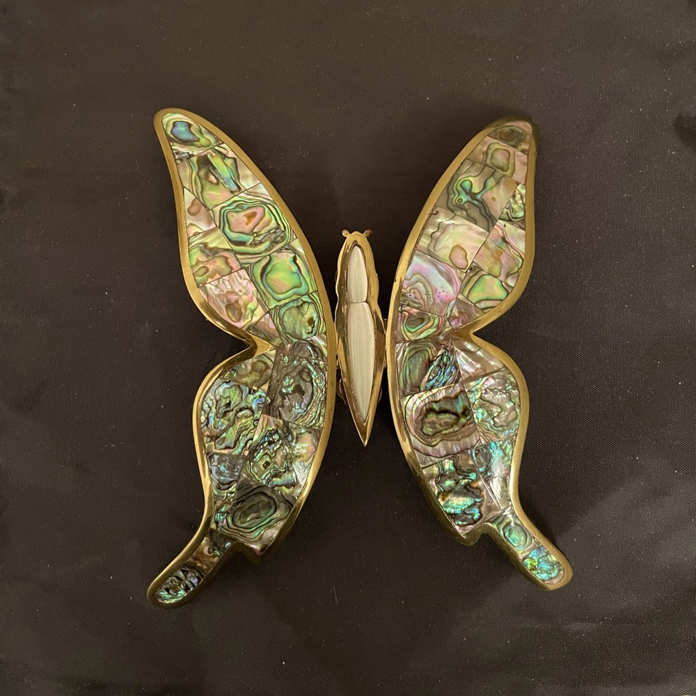Rare Mid-Century Mosaic Abalone Butterfly With Two Cup Drawer Pulls